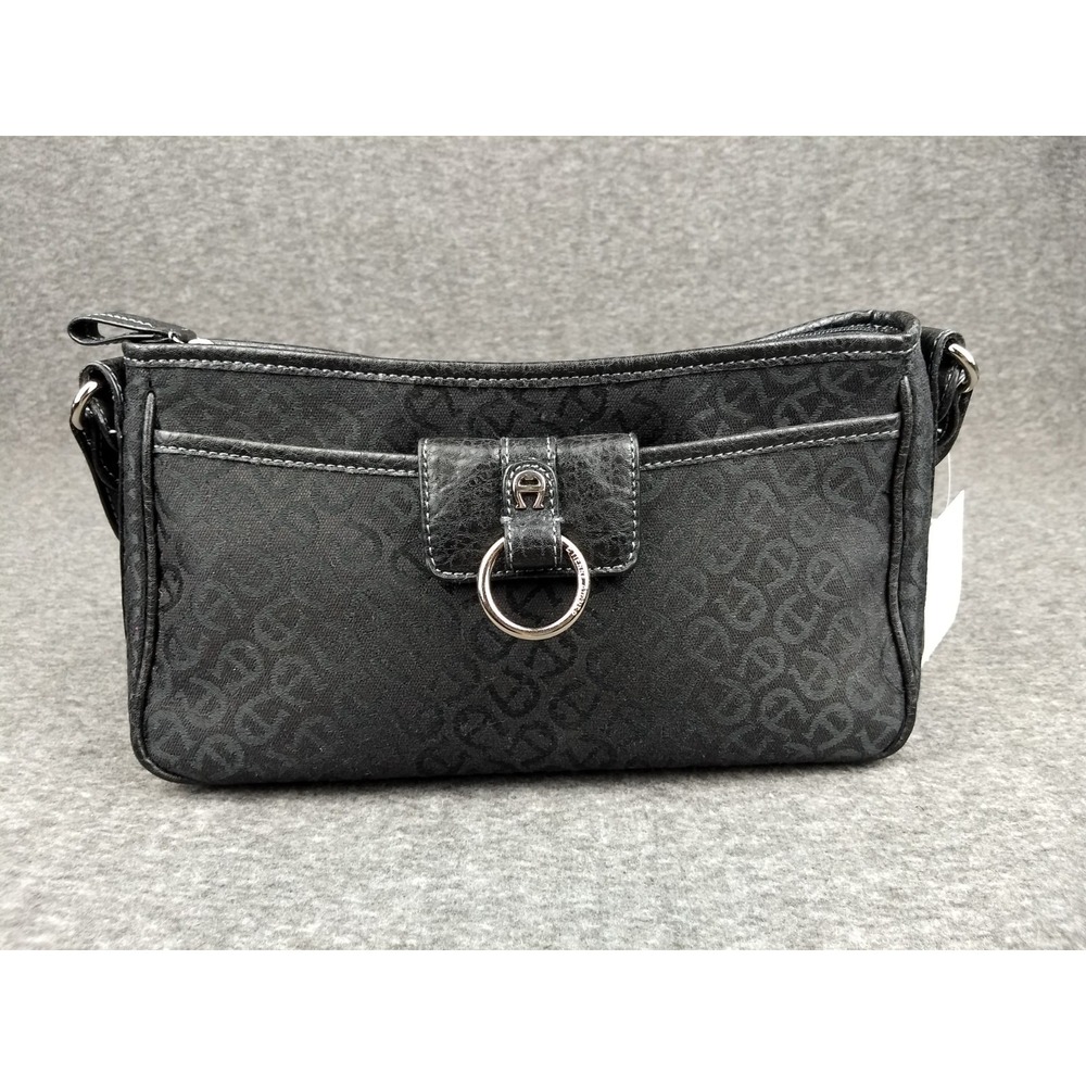 Etienne Aigner Lorelei Shoulder Bag Black Monogram Canvas Zip Top Magnetic NWT
